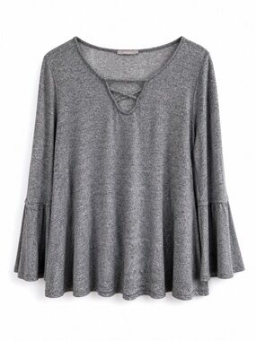 Gyft Women Bell Sleeve Knit Top Gray Lace Up Neck Size M
